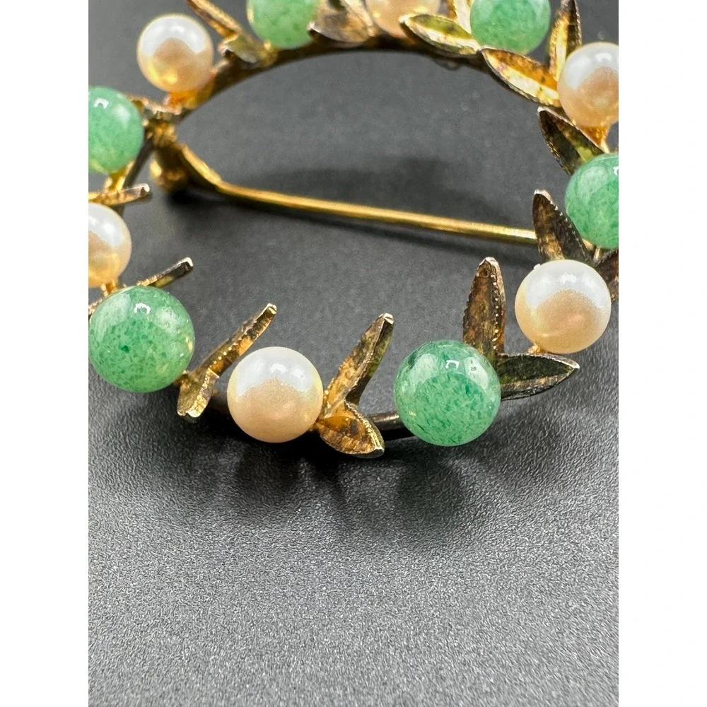 VTG 1940s 1950s Sterling Silver Jade Pearl Wreath Brooch Pendant